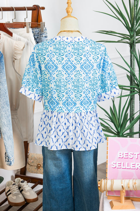 Bohemian Floral Geometric Patchwork Puff Sleeve Babydoll Blouse
