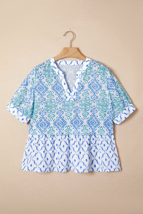 Bohemian Floral Geometric Patchwork Puff Sleeve Babydoll Blouse