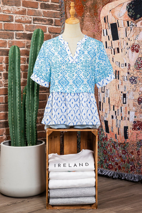 Bohemian Floral Geometric Patchwork Puff Sleeve Babydoll Blouse