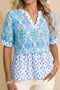 Bohemian Floral Geometric Patchwork Puff Sleeve Babydoll Blouse