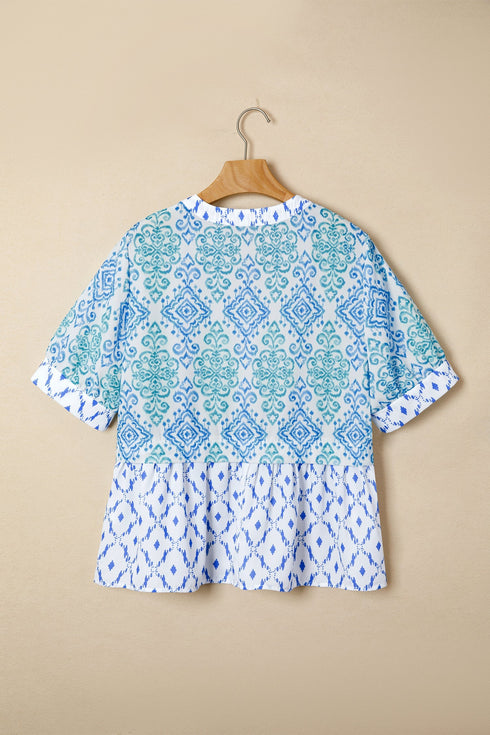 Bohemian Floral Geometric Patchwork Puff Sleeve Babydoll Blouse