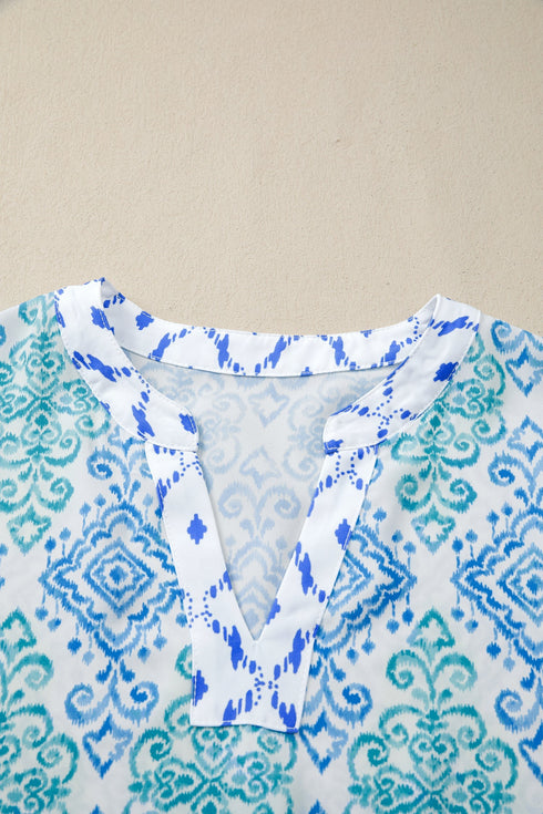 Bohemian Floral Geometric Patchwork Puff Sleeve Babydoll Blouse