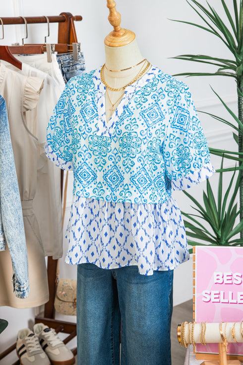 Bohemian Floral Geometric Patchwork Puff Sleeve Babydoll Blouse
