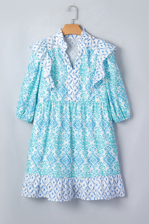 Bohemian Floral Geometric Patchwork Puff Sleeve Mini Dress