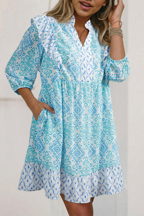 Bohemian Floral Geometric Patchwork Puff Sleeve Mini Dress
