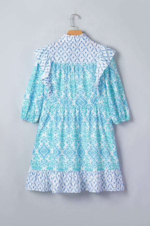 Bohemian Floral Geometric Patchwork Puff Sleeve Mini Dress