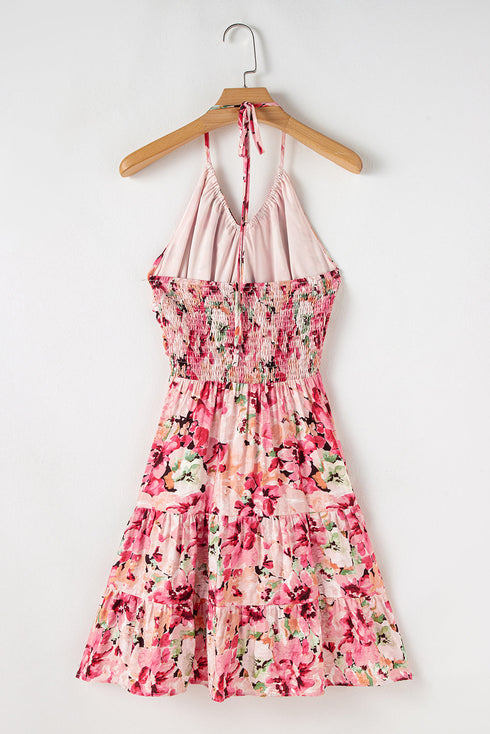 Bohemian Floral Halter Neck Shirred Ruffled Mini Dress