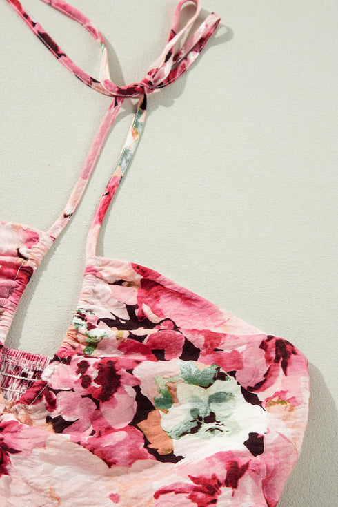 Bohemian Floral Halter Neck Shirred Ruffled Mini Dress