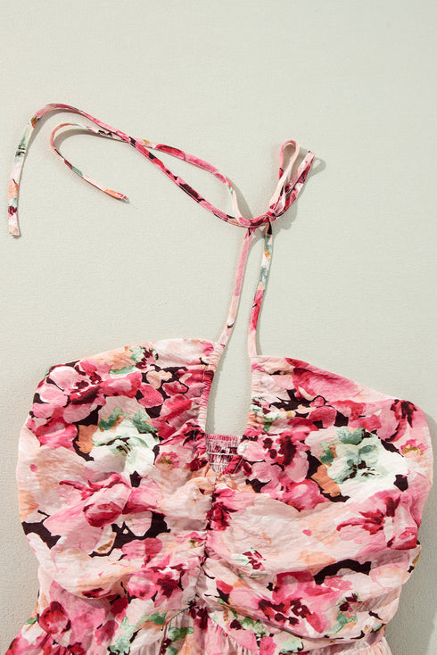 Bohemian Floral Halter Neck Shirred Ruffled Mini Dress