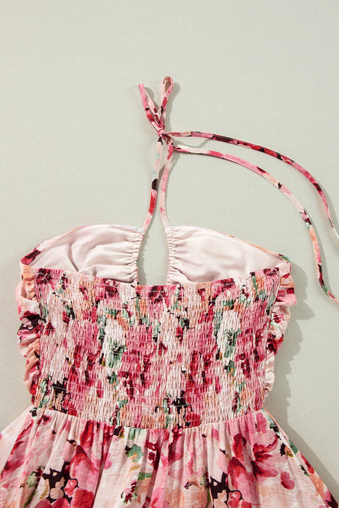 Bohemian Floral Halter Neck Shirred Ruffled Mini Dress