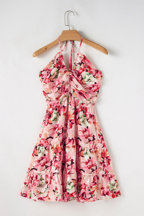Bohemian Floral Halter Neck Shirred Ruffled Mini Dress