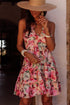 Bohemian Floral Halter Neck Shirred Ruffled Mini Dress