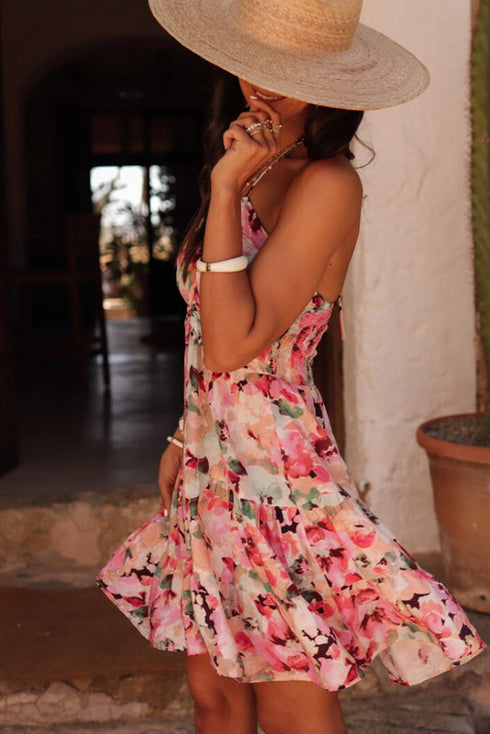 Bohemian Floral Halter Neck Shirred Ruffled Mini Dress