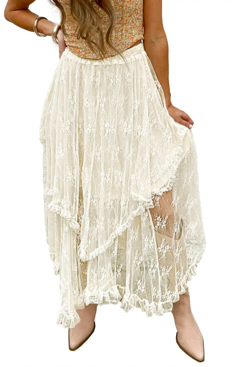 Bohemian Floral Lace Cascading Ruffle Tiered Asymmetrical Maxi Skirt