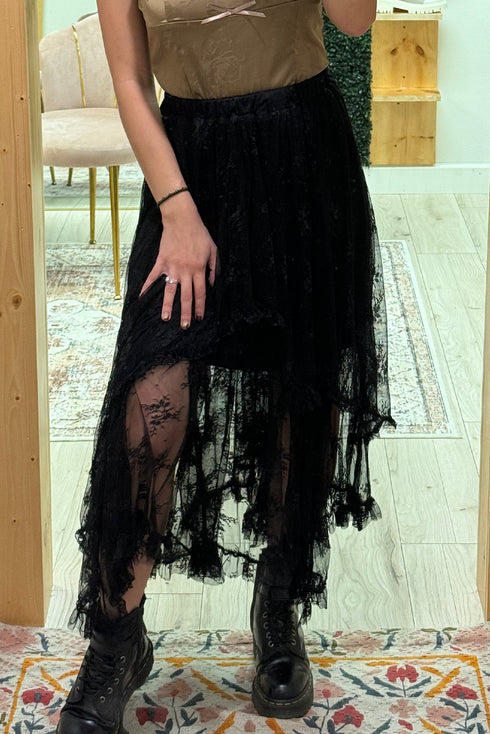 Bohemian Floral Lace Cascading Ruffle Tiered Asymmetrical Maxi Skirt