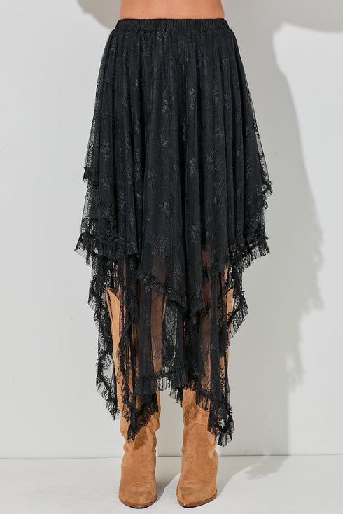 Bohemian Floral Lace Cascading Ruffle Tiered Asymmetrical Maxi Skirt