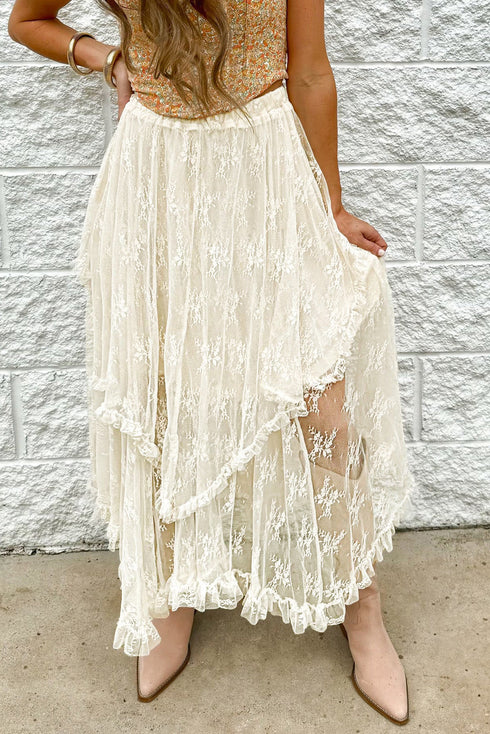 Bohemian Floral Lace Cascading Ruffle Tiered Asymmetrical Maxi Skirt