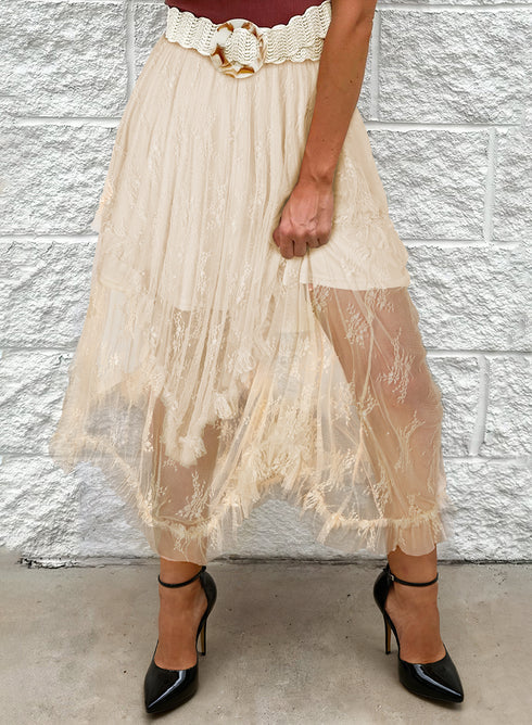 Bohemian Floral Lace Cascading Ruffle Tiered Asymmetrical Maxi Skirt