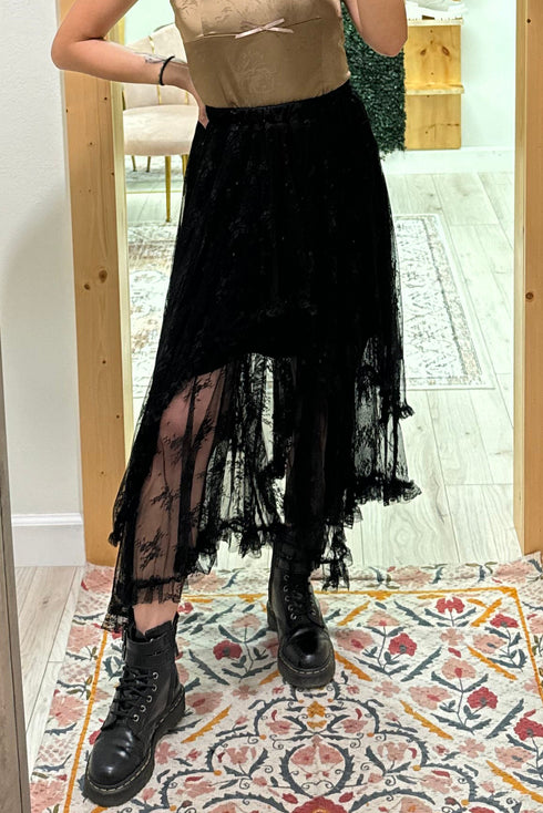 Bohemian Floral Lace Cascading Ruffle Tiered Asymmetrical Maxi Skirt