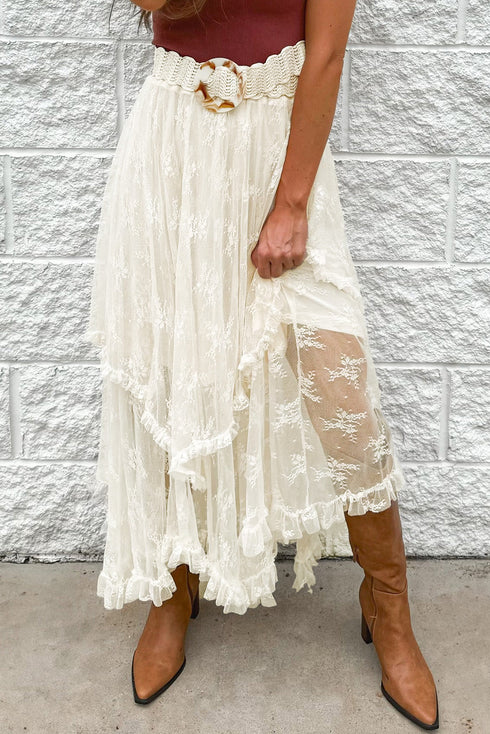 Bohemian Floral Lace Cascading Ruffle Tiered Asymmetrical Maxi Skirt