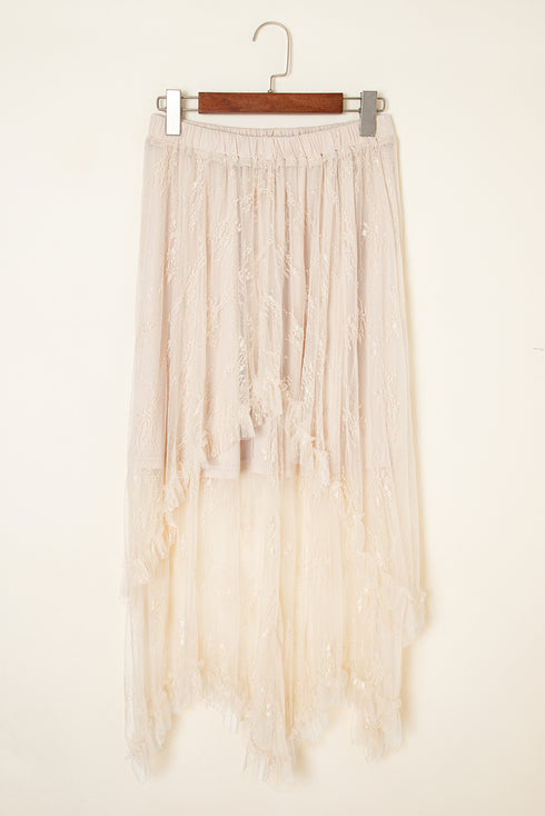 Bohemian Floral Lace Cascading Ruffle Tiered Asymmetrical Maxi Skirt