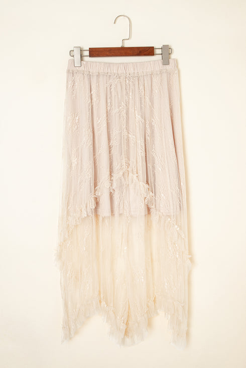 Bohemian Floral Lace Cascading Ruffle Tiered Asymmetrical Maxi Skirt
