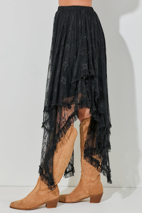 Bohemian Floral Lace Cascading Ruffle Tiered Asymmetrical Maxi Skirt
