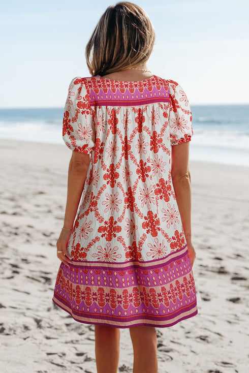 Bohemian Floral Lace Up V Neck A Line Mini Dress
