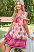 Bohemian Floral Lace Up V Neck A Line Mini Dress