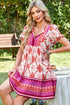 Bohemian Floral Lace Up V Neck A Line Mini Dress