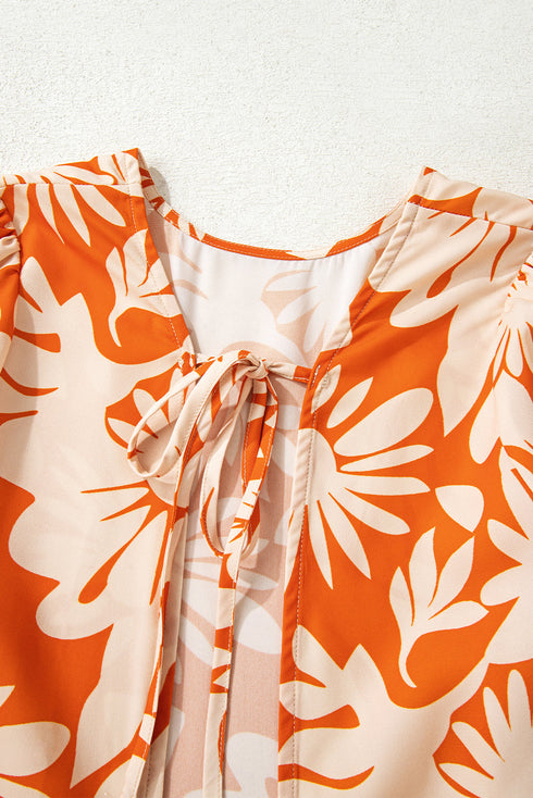 Bohemian Floral Long Sleeve Open Back Knot Detail Blouse