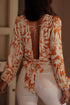 Bohemian Floral Long Sleeve Open Back Knot Detail Blouse