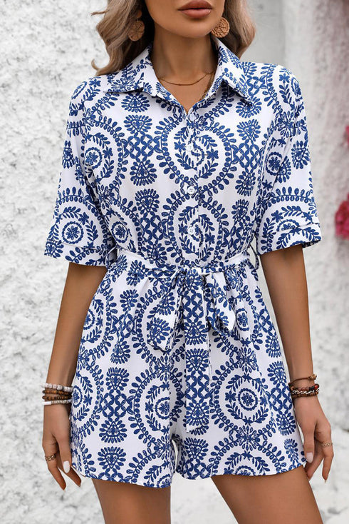 Bohemian Floral Mandala Print Belted Shirt Romper