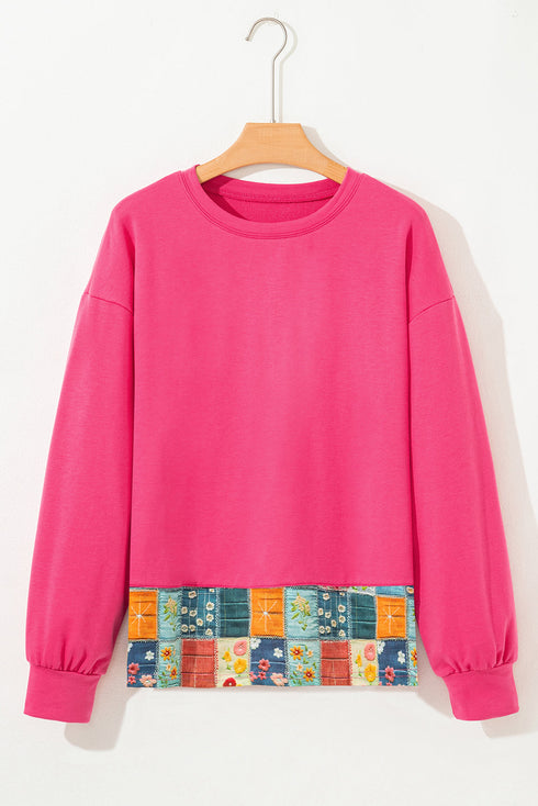 Bohemian Floral Patchwork Hemline Round Neck Long Sleeve Tunic