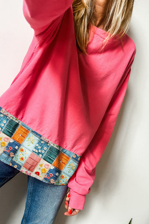 Bohemian Floral Patchwork Hemline Round Neck Long Sleeve Tunic