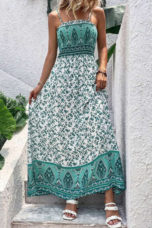 Bohemian Floral Patchwork Print Shirred Cami Maxi Dress