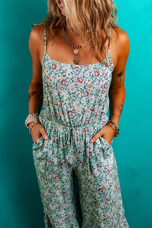 Bohemian Floral Patchwork Wide Leg Spaghetti Strap Jumpsuit