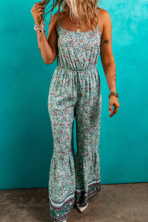 Bohemian Floral Patchwork Wide Leg Spaghetti Strap Jumpsuit