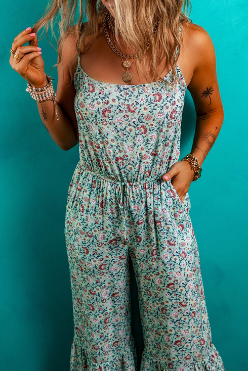 Bohemian Floral Patchwork Wide Leg Spaghetti Strap Jumpsuit