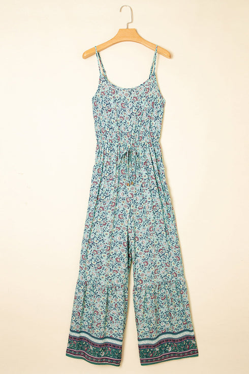 Bohemian Floral Patchwork Wide Leg Spaghetti Strap Jumpsuit