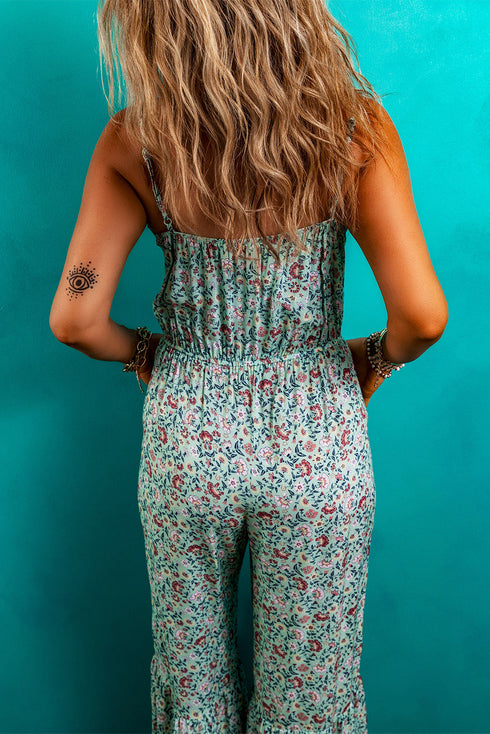Bohemian Floral Patchwork Wide Leg Spaghetti Strap Jumpsuit