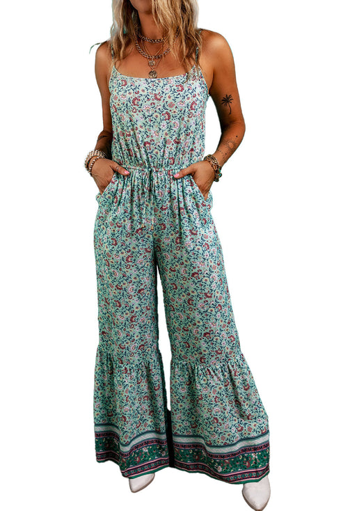 Bohemian Floral Patchwork Wide Leg Spaghetti Strap Jumpsuit