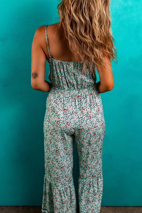 Bohemian Floral Patchwork Wide Leg Spaghetti Strap Jumpsuit