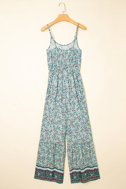 Bohemian Floral Patchwork Wide Leg Spaghetti Strap Jumpsuit