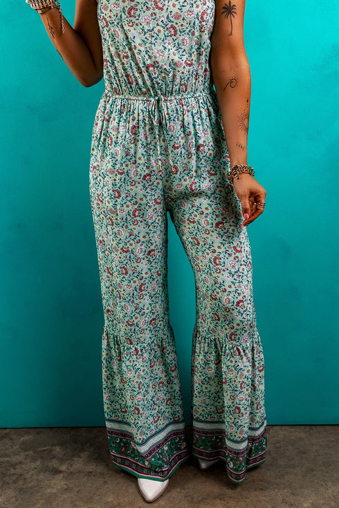 Bohemian Floral Patchwork Wide Leg Spaghetti Strap Jumpsuit