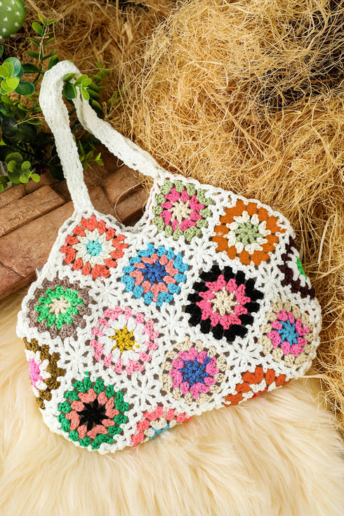 Bohemian Floral Pattern Knit Crochet Tote Bag