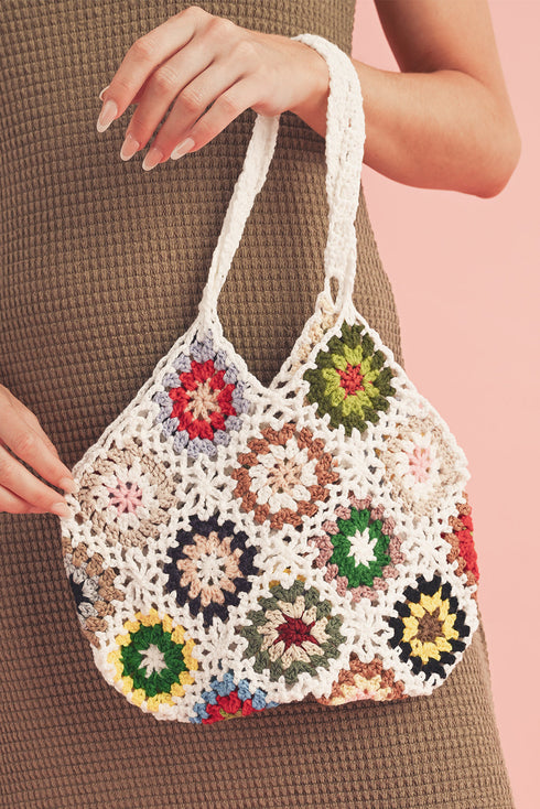 Bohemian Floral Pattern Knit Crochet Tote Bag