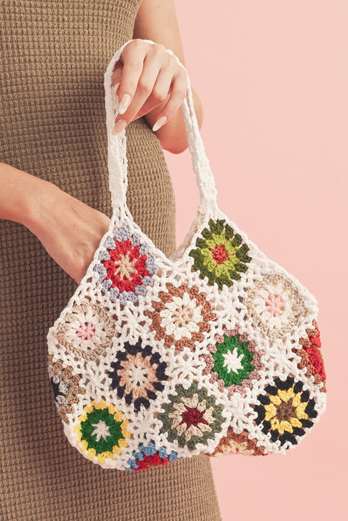 Bohemian Floral Pattern Knit Crochet Tote Bag