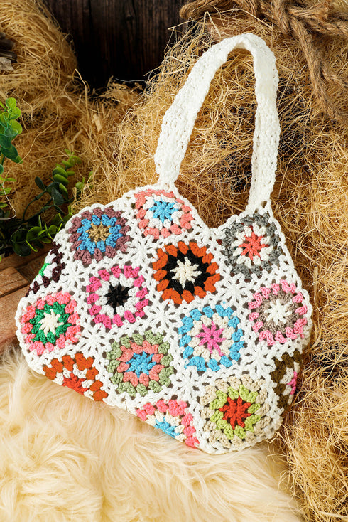 Bohemian Floral Pattern Knit Crochet Tote Bag