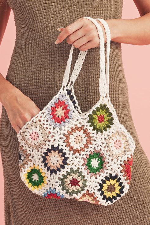 Bohemian Floral Pattern Knit Crochet Tote Bag